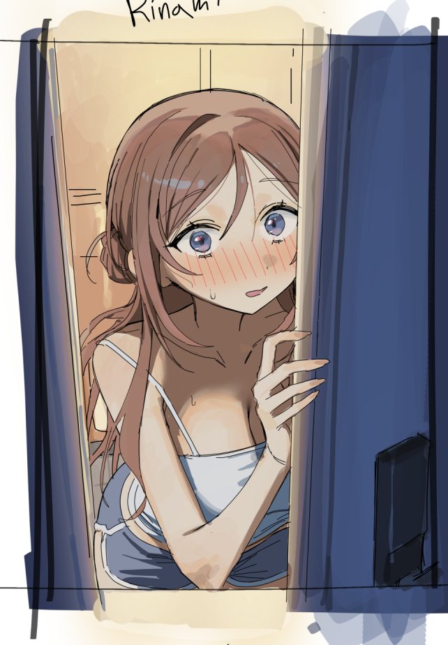 syhan, character request, copyright request, 1girl, blush, breasts, brown hair, camisole, cleavage, cropped legs, dolphin shorts, grey camisole, grey eyes, grey shorts, hair between eyes, large breasts, long hair, looking at viewer, nose blush, open door, parted lips, short shorts, shorts, sketch, solo, standing, sweatdrop