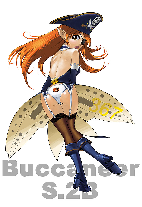 janome gochou, blackburn buccaneer, original, jet, 1girl, aircraft, airplane, animal print, back, bear panties, bear print, boots, brown eyes, eyepatch, female focus, from behind, garter belt, hat, jolly roger, looking back, mecha musume, military, panties, personification, pirate, pirate hat, pointy ears, print panties, red hair, skull and crossbones, skull and crossed swords, solo, thighhighs, underwear