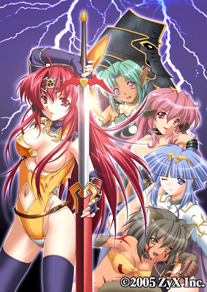 kazuma muramasa, foless, fonfon, knight errant, raidy, sorceress (ikazuchi no senshi raidy), sorceress (lightning warrior raidy), tiss, ikazuchi no senshi raidy, fur, official art, 00s, 2005, 5girls, :d, ahoge, animal ears, areola slip, arm up, armor, bandeau, bare shoulders, belt, blue eyes, blue hair, blue thighhighs, blunt bangs, breast slip, breasts, cat ears, censored, circlet, cleavage, collar, convenient censoring, dark-skinned female, dark elf, dark skin, demon, demon girl, elbow gloves, elf, everyone, facial mark, finger to mouth, fingerless gloves, flat chest, gloves, glowing, glowing eyes, green hair, grey eyes, grey hair, hair censor, hair over breasts, hair over one breast, hair ribbon, helmet, horns, large breasts, lens flare, leotard, lightning, long hair, multiple girls, navel, night, night sky, one breast out, one eye closed, open mouth, pink eyes, pink hair, pointing, pointy ears, red eyes, red hair, ribbon, sheath, short hair, sky, smile, standing, sword, tattoo, thighhighs, torn clothes, turtleneck, unsheathing, very long hair, weapon, wink, wolf ears, yellow eyes