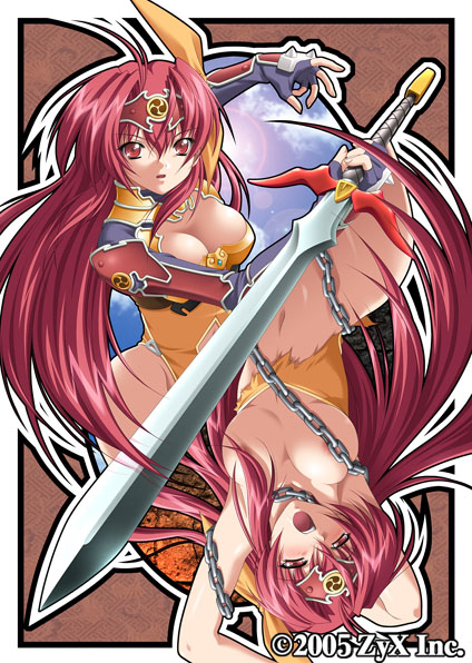 kazuma muramasa, raidy, ikazuchi no senshi raidy, thunder warrior raidy remake, official art, 00s, 1girl, 2005, :o, antenna hair, areola slip, armor, armpits, arms up, bdsm, blush, bondage, bound, breasts, censored, chain, circlet, cleavage, cloud, convenient censoring, dual persona, elbow gloves, fighting stance, fingerless gloves, gloves, hair censor, hair over breasts, hair over one breast, hair ribbon, large breasts, lens flare, leotard, long hair, multiple views, navel, nipples, nude, open mouth, pink hair, red eyes, red hair, ribbon, sky, sun, sword, torn clothes, turtleneck, very long hair, weapon