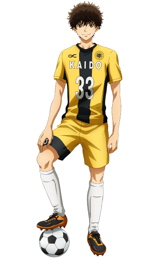 aoi ashito, ao ashi, official art, 1boy, anime coloring, ball, brown eyes, brown hair, closed mouth, full body, hair between eyes, looking at viewer, nakatake manabu, numbered, shin guards, shirt, shoes, short hair, shorts, simple background, smile, soccer, soccer ball, soccer uniform, solo, spiked shoes, spikes, sportswear, standing, striped clothes, striped shirt, transparent background, two-tone shirt, v-shaped eyebrows, vertical-striped clothes, vertical-striped shirt, yellow shirt, yellow shorts