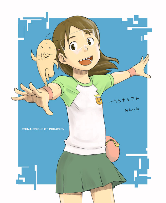 hashimoto fumie, oyaji (dennou coil), dennou coil, visor, 00s, glasses, miniskirt, raglan sleeves, short hair, skirt, smile, solo