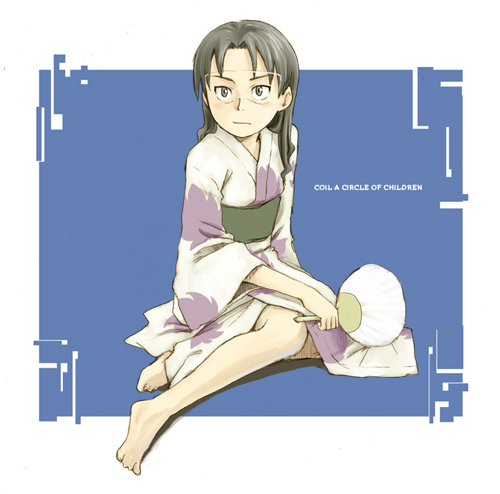 naotan, amasawa yuuko, dennou coil, 00s, barefoot, black hair, glasses, hand fan, japanese clothes, kimono, long hair, paper fan, sitting, solo, uchiwa, yokozuwari, yukata