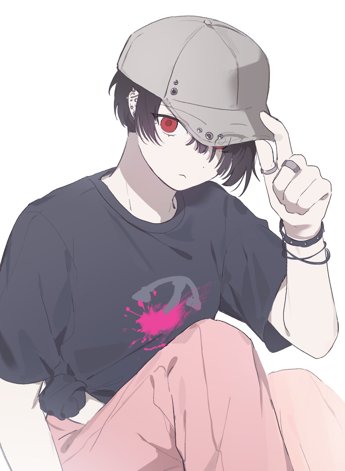 yuzuriha kotoko, milgram, cropped, highres, 1girl, asymmetrical bangs, asymmetrical hair, bangle, barbell piercing, baseball cap, black hair, black shirt, bracelet, closed mouth, conch piercing, daith piercing, ear piercing, earrings, eyebrows visible through hat, eyes visible through hair, eyes visible through headwear, hair over one eye, hat, hat tip, helix piercing, holding, industrial piercing, inner conch piercing, jewelry, looking at viewer, multiple earrings, multiple piercings, one eye covered, pants, piercing, pink pants, red eyes, ring, rook piercing, shirt, short hair, short sleeves, simple background, solo, spike piercing, t-shirt, tied shirt, undercut, very short hair, white background