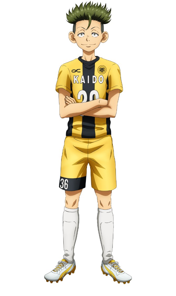 ootomo eisaku, ao ashi, official art, 1boy, anime coloring, closed mouth, crossed arms, full body, green eyes, green hair, grey hair, looking at viewer, male focus, multicolored hair, nakatake manabu, numbered, shin guards, shirt, shoes, short hair, shorts, simple background, smile, soccer uniform, solo, spiked hair, spiked shoes, spikes, sportswear, standing, striped clothes, striped shirt, tareme, transparent background, two-tone shirt, undercut, vertical-striped clothes, vertical-striped shirt, white shoes, yellow shirt, yellow shorts
