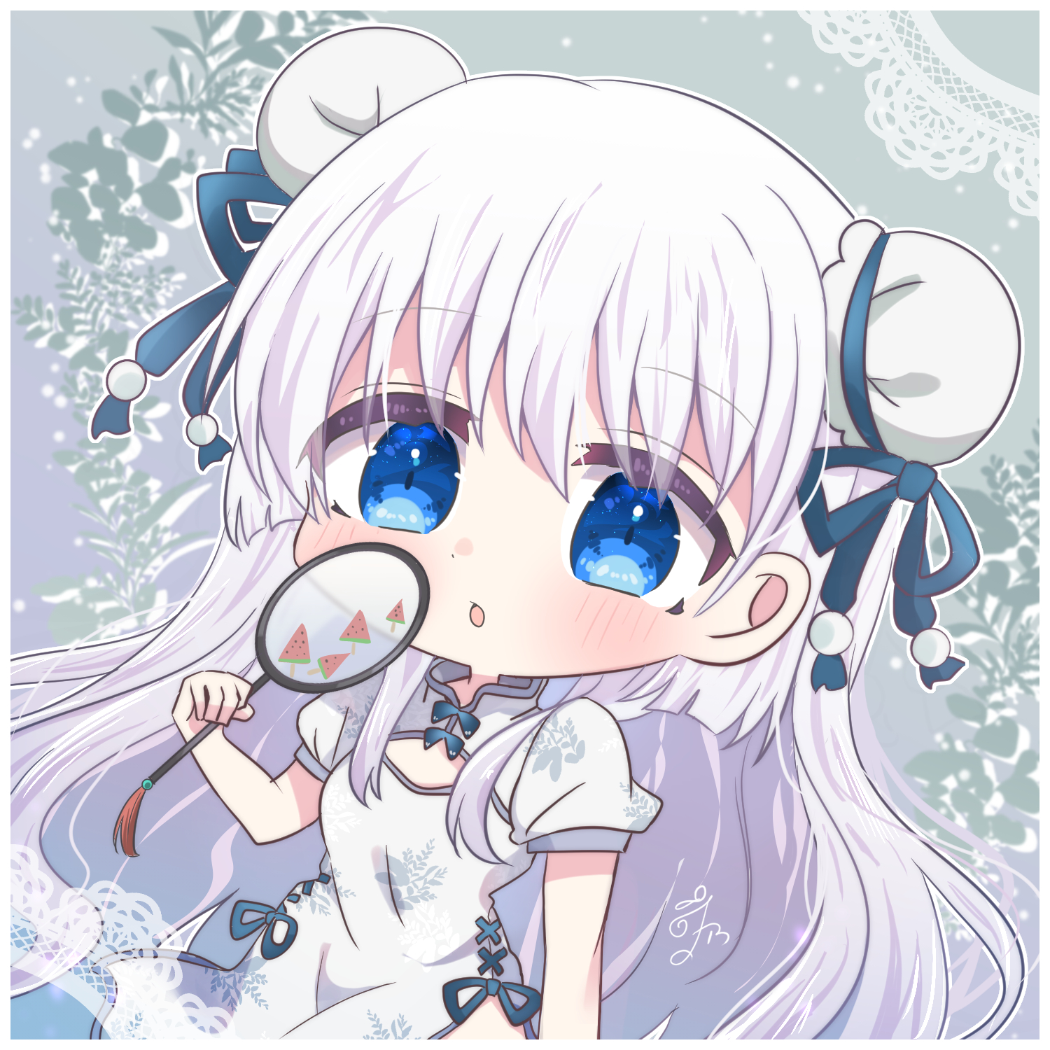 utuigawa, naruse shiroha, summer pockets, commentary request, highres, 1girl, :o, alternate costume, alternate hairstyle, arm at side, blue eyes, blue ribbon, blush, border, bun cover, chibi, chibi only, china dress, chinese clothes, cleavage cutout, clothing cutout, cowboy shot, double bun, dress, dutch angle, eyes visible through hair, food print, fruit print, grey background, hair between eyes, hair bun, hair ribbon, hand fan, hand up, holding, holding fan, long hair, looking at viewer, open mouth, print fan, puffy short sleeves, puffy sleeves, ribbon, short sleeves, signature, simple background, solo, tareme, very long hair, watermelon print, white border, white hair