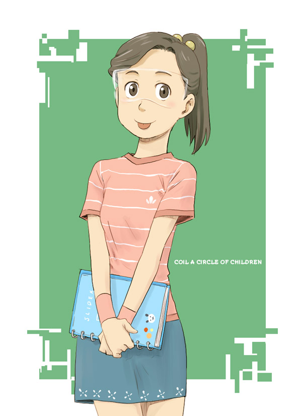 naotan, aiko (dennou coil), dennou coil, 00s, :p, book, brown eyes, brown hair, flat chest, glasses, long hair, maiko sensei, ponytail, shirt, skirt, solo, standing, t-shirt, tongue, tongue out, wristband