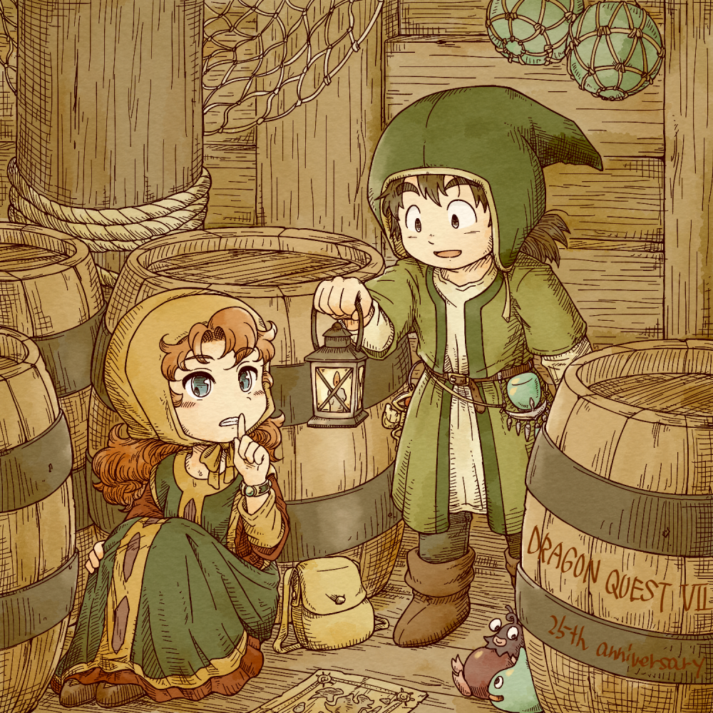 4ma4ma5ma, hero (dq7), maribel (dq7), slime (dragon quest), dragon quest, dragon quest vii, commentary request, 1boy, 1girl, :d, anniversary, bag, barrel, black eyes, black hair, bonnet, bracelet, brown bonnet, brown coif, clenched teeth, coif, curly hair, dress, finger to mouth, green hat, green tabard, green tunic, hat, hatching (texture), holding, holding lantern, index finger raised, indoors, jewelry, lantern, long hair, medium hair, net, open mouth, red dress, red hair, ship interior, shushing, sitting, smile, tabard, teeth, tunic, white tunic, woebergine
