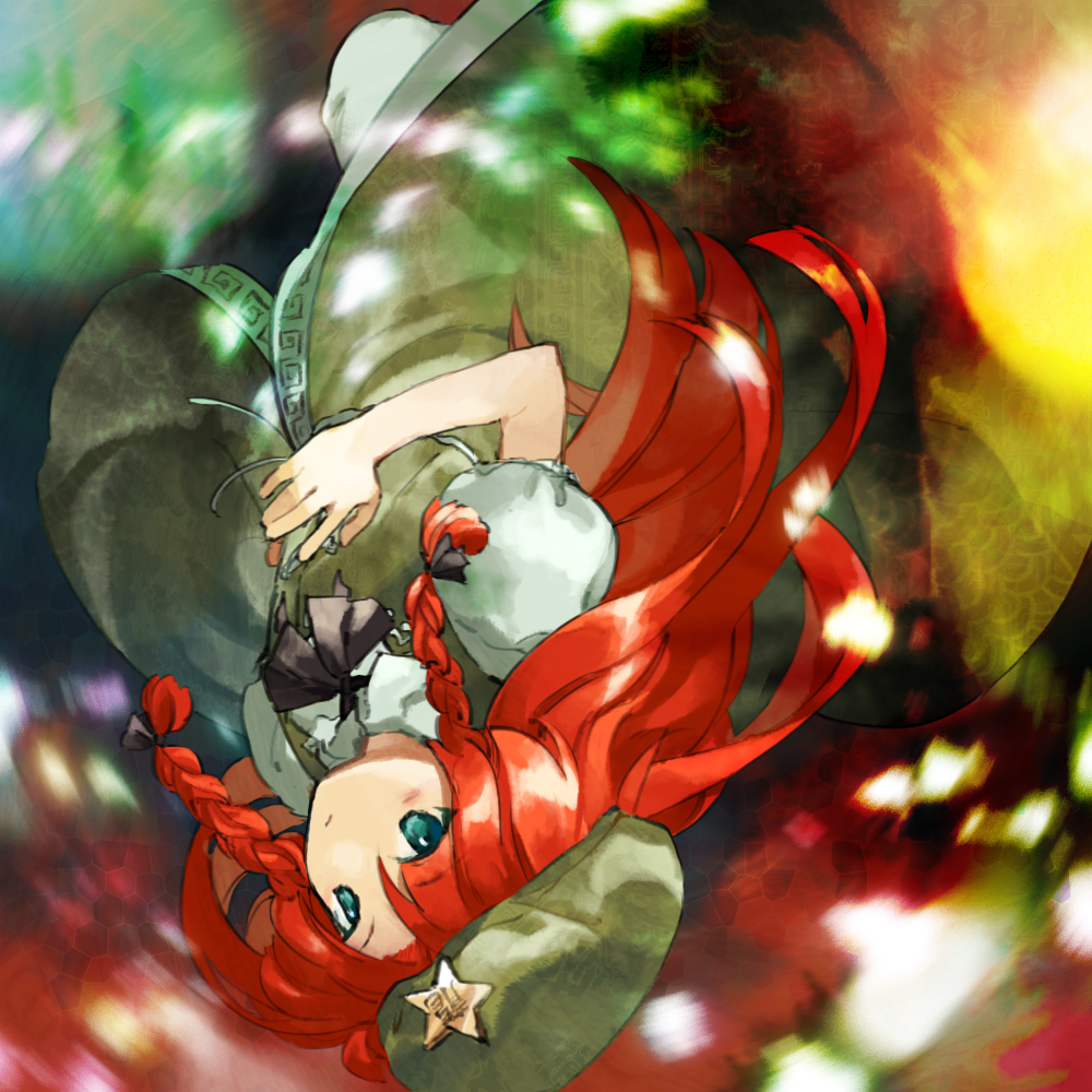 kaigen 1025, hong meiling, embodiment of scarlet devil, touhou, 1girl, abstract background, aqua eyes, beret, black bow, bow, braid, breasts, chinese clothes, danmaku, green skirt, green vest, hair bow, hat, hat ornament, long hair, pants, red hair, skirt, small breasts, solo, star (symbol), star hat ornament, twin braids, very long hair, vest, white pants, zun (style)