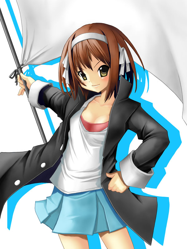 kintarou (artist), kintarou (kintarou's room), suzumiya haruhi, suzumiya haruhi no yuuutsu, 00s, 1girl, brown hair, female focus, flag, gakuran, hair ribbon, ouendan, ribbon, school uniform, short hair, solo, white flag