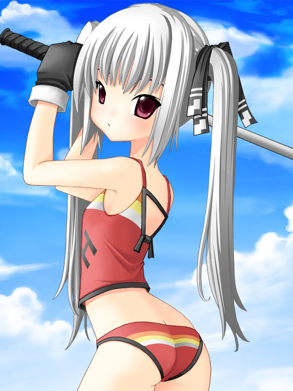 kintarou (artist), kintarou (kintarou's room), kooh (pangya), pangya, silver hair, 1girl, arched back, ass, bikini, day, female focus, gloves, golf club, hair ribbon, long hair, looking back, panties, purple eyes, ribbon, solo, staring, swimsuit, twintails, underwear