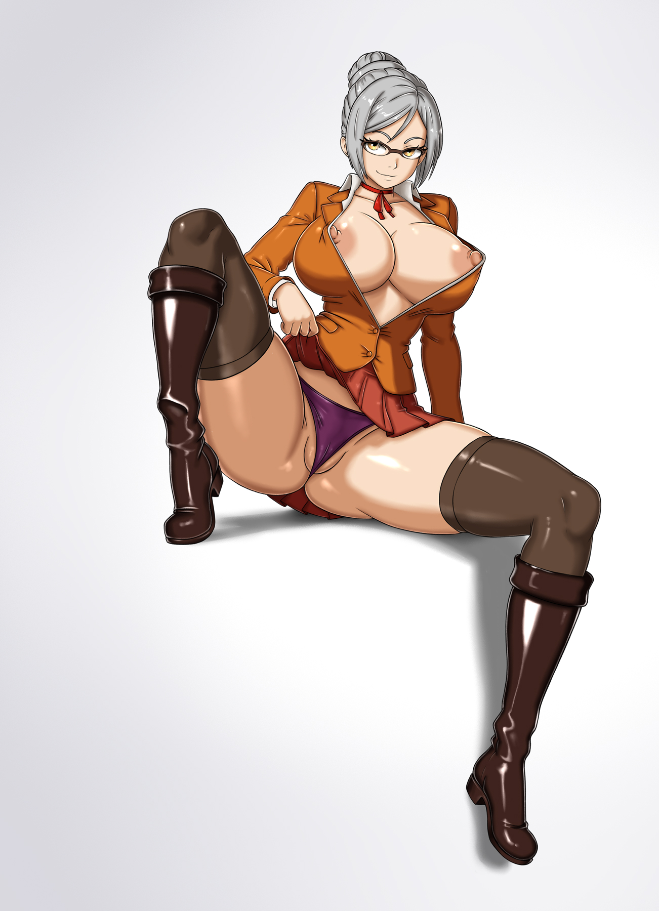 hcitrus, shiraki meiko, prison school, highres, 1girl, boots, breasts, choker, clothes lift, curvy, female focus, full body, glasses, grey hair, hair bun, huge breasts, looking at viewer, nipple slip, nipples, partially visible vulva, short hair, skirt, skirt lift, solo, thick thighs, thighhighs, thighs, yellow eyes