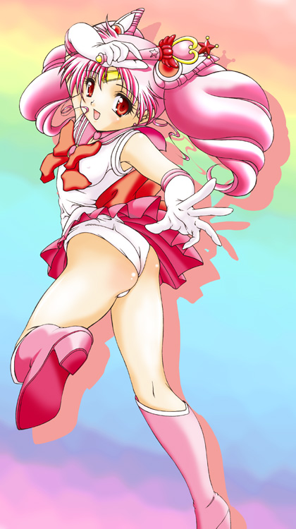 chibi usa, sailor chibi moon, bishoujo senshi sailor moon, bishoujo senshi sailor moon s, artist request, 1990s (style), 1girl, ass, back bow, bodysuit, boots, bow, choker, cone hair bun, covered erect nipples, dress, female focus, hair bun, knee boots, leotard, leotard peek, loli, magical girl, panties, pantyshot, pink boots, pink choker, pink hair, pink sailor collar, pink skirt, rainbow background, retro artstyle, sailor collar, sailor senshi uniform, school uniform, serafuku, skirt, solo, twintails, underwear, upskirt, wedgie