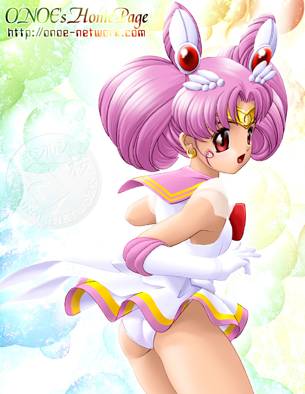onoe, chibi usa, sailor chibi moon, super sailor chibi moon, bishoujo senshi sailor moon, bishoujo senshi sailor moon supers, 1990s (style), 1girl, ass, cone hair bun, female focus, hair bun, leotard, leotard peek, loli, magical girl, multicolored skirt, panties, pantyshot, pink hair, pink sailor collar, retro artstyle, sailor collar, sailor senshi uniform, school uniform, serafuku, skirt, solo, twintails, underwear, upskirt
