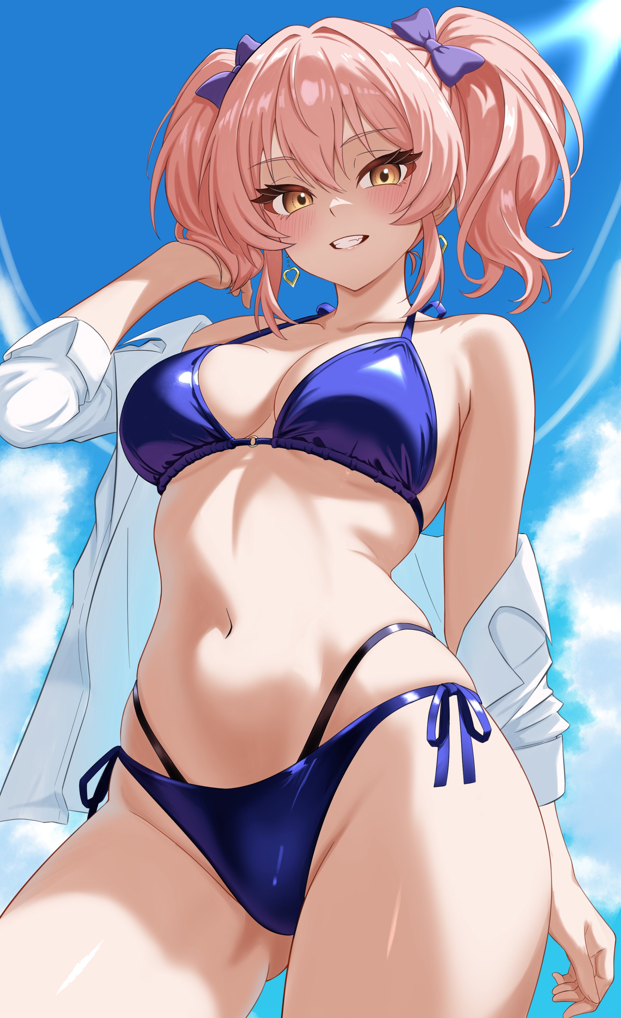 torikago (birdcage627), jougasaki mika, idolmaster, idolmaster cinderella girls, absurdres, commentary request, highres, 1girl, bare shoulders, bikini, blue bikini, blush, breasts, cleavage, collarbone, earrings, gluteal fold, grin, groin, hair between eyes, jewelry, long hair, looking at viewer, medium breasts, navel, o-ring, o-ring bikini, o-ring top, open clothes, open shirt, pink hair, shirt, side-tie bikini bottom, sleeves rolled up, smile, solo, swimsuit, thighs, twintails, white shirt, yellow eyes