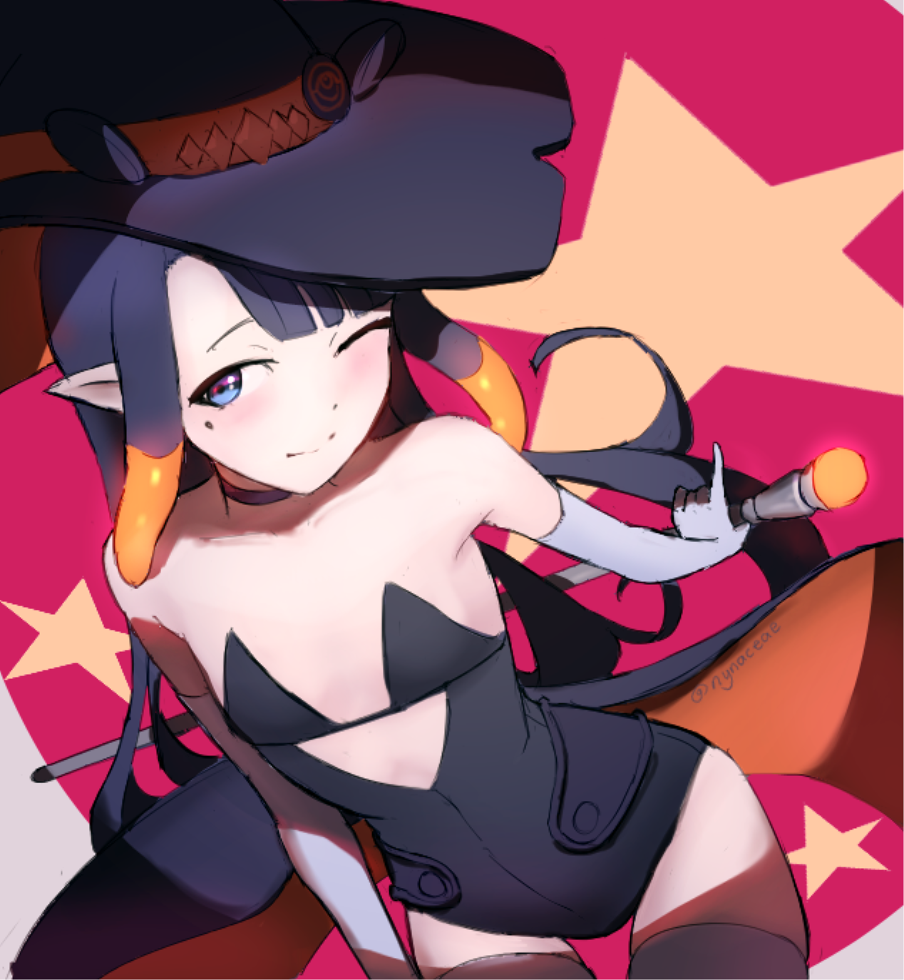 nynaceae, ninomae ina'nis, ninomae ina'nis (1st costume), hololive, hololive english, commentary, highres, symbol-only commentary, 1girl, adapted costume, black hair, black hat, black leotard, blue eyes, cane, choker, elbow gloves, flat chest, gloves, grey gloves, hat, holding, holding cane, leotard, long hair, mole, mole under eye, multicolored hair, one eye closed, orange hair, purple choker, solo, tentacle hair, two-tone hair, virtual youtuber, witch hat