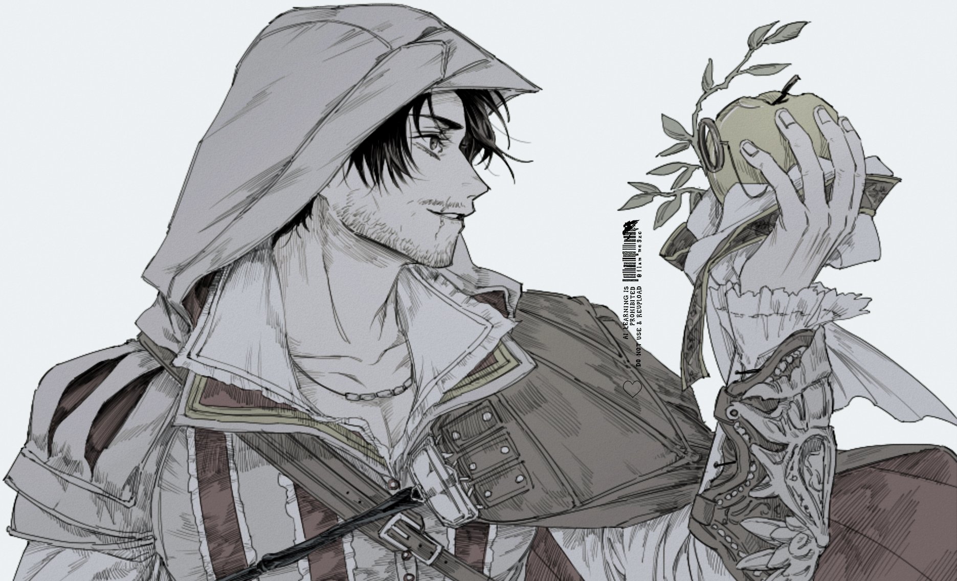 apple (reverse:1999), ezio auditore da firenze, assassin's creed (series), assassin's creed ii, reverse:1999, commentary request, highres, korean commentary, 2boys, apple (the fruit of wisdom) (reverse:1999), beard stubble, branch, english text, facial hair, food, fruit, greyscale, gyujik qzc, hidden blade (assassin's creed), holding, holding food, holding fruit, hood, hood up, looking at another, monochrome, monocle, monocle chain, multiple boys, scar, scar on face, scar on mouth, stubble, white background
