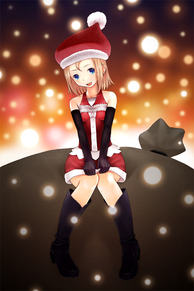 mitsukimi, 1girl, black boots, black gloves, blonde hair, blue eyes, boots, christmas, elbow gloves, female focus, gloves, hat, miniskirt, sack, santa costume, santa hat, skirt, sleeveless, solo