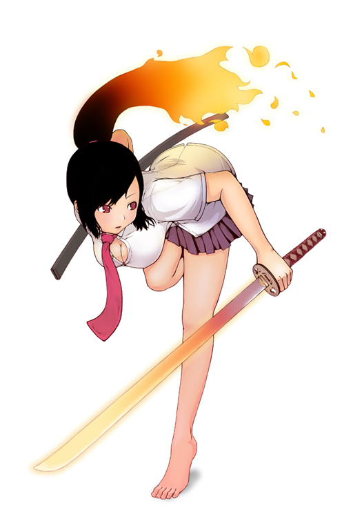 mitsukimi, original, 1girl, barefoot, bent over, black hair, breasts, feet, female focus, fiery hair, fire, legs, necktie, ponytail, red eyes, school uniform, serafuku, simple background, skirt, solo, sword, weapon