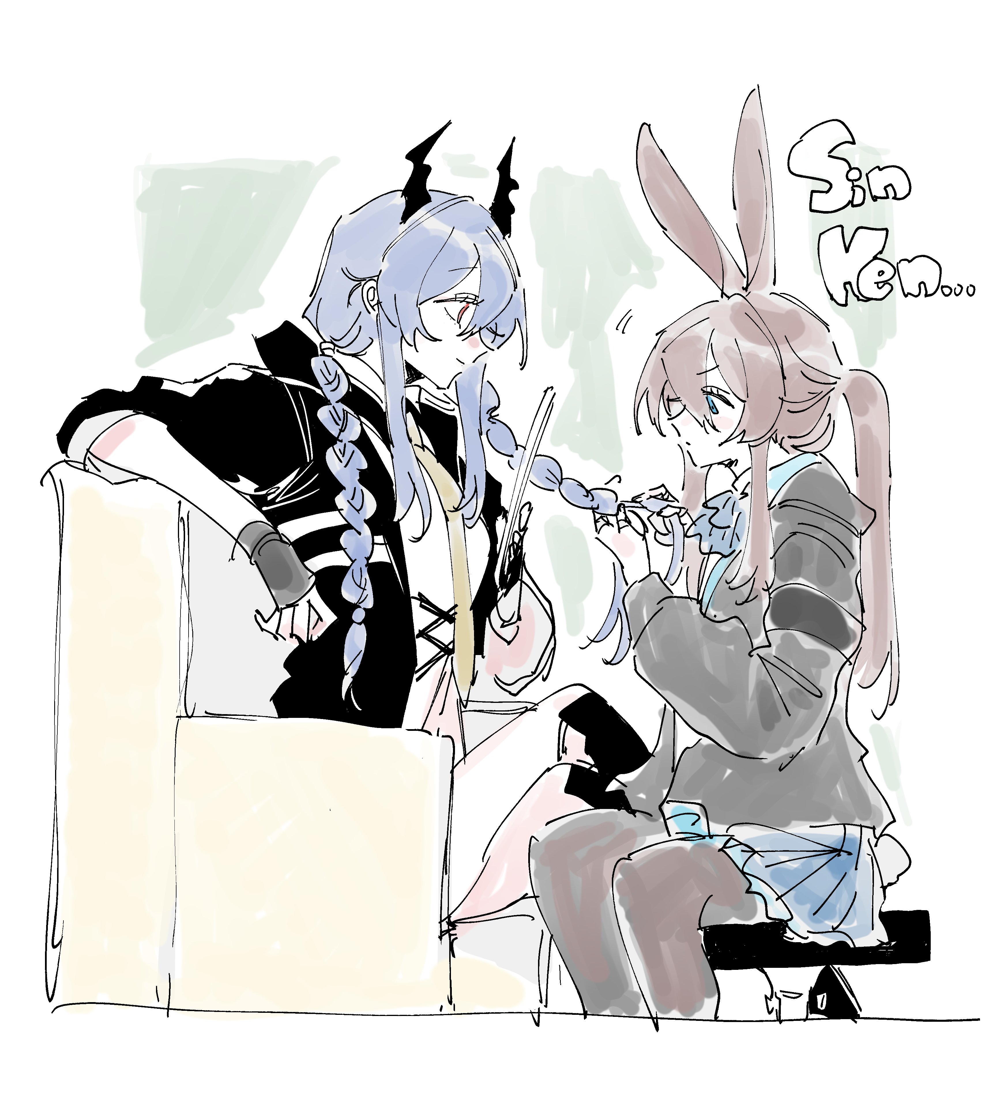 nam (nnnmber), amiya (arknights), ch'en (arknights), arknights, absurdres, commentary request, highres, 2girls, animal ears, ascot, black gloves, black jacket, blue ascot, blue eyes, blue hair, blue skirt, blush, braiding another's hair, brown hair, closed mouth, cropped legs, dragon girl, dragon horns, fingerless gloves, gloves, hair between eyes, horns, jacket, long hair, long sleeves, multiple girls, necktie, pleated skirt, ponytail, rabbit ears, rabbit girl, red eyes, shirt, sidelocks, sitting, skirt, smile, white shirt, yellow necktie