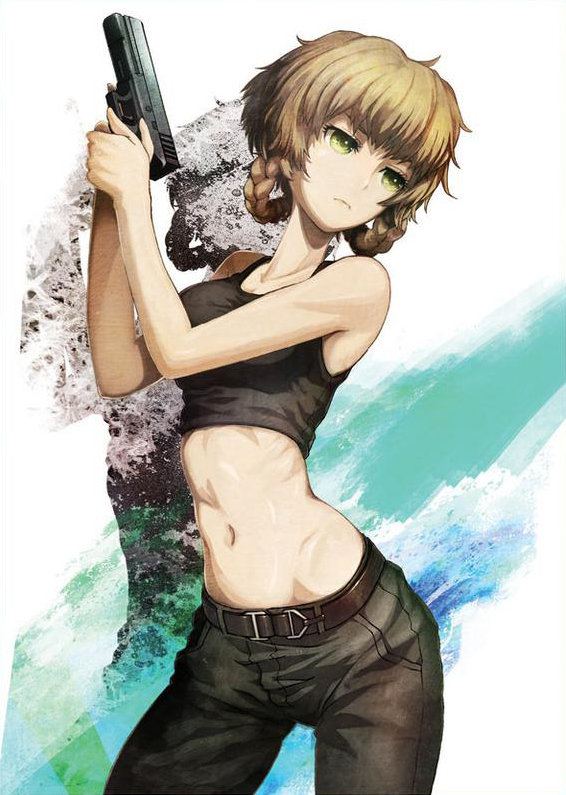 huke, amane suzuha, amane suzuha (beta), science adventure, steins;gate, steins;gate 0, cropped, official art, 1girl, bare shoulders, belt, belt buckle, black pants, braid, breasts, brown hair, buckle, collarbone, cowboy shot, crop top, green eyes, groin, gun, hair rings, handgun, holding, holding gun, holding weapon, looking to the side, medium breasts, narrow waist, navel, pants, serious, shiny skin, solo, sports bra, standing, stomach, tank top, trigger discipline, twin braids, weapon