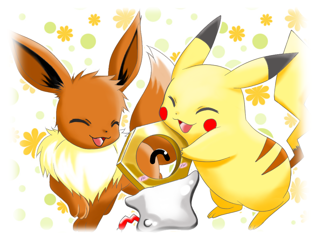 eevee, meltan, pikachu, nintendo, pokemon, :d, blush, closed eyes, gen 1 pokemon, gen 7 pokemon, kohakutoshion, mythical pokemon, no humans, one-eyed, open mouth, pokemon (creature), smile