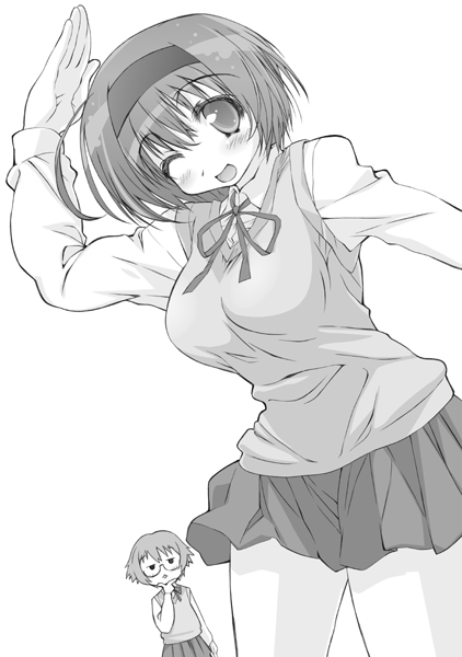 yamaguchi homupe, yoshioka chie, to heart (series), to heart 2, 00s, 1girl, female focus, greyscale, monochrome, solo