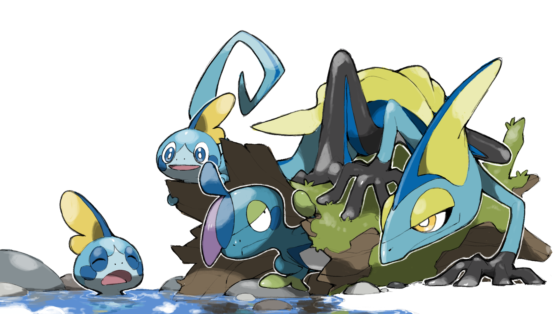 blacknirrow, drizzile, inteleon, sobble, nintendo, pokemon, commentary, english commentary, highres, :<, blue eyes, bright pupils, closed mouth, evolutionary line, gen 8 pokemon, moss, nostrils, one eye covered, open mouth, outline, pokemon (creature), pokemon focus, rock, simple background, smile, water, white background, white outline, white pupils, yellow eyes