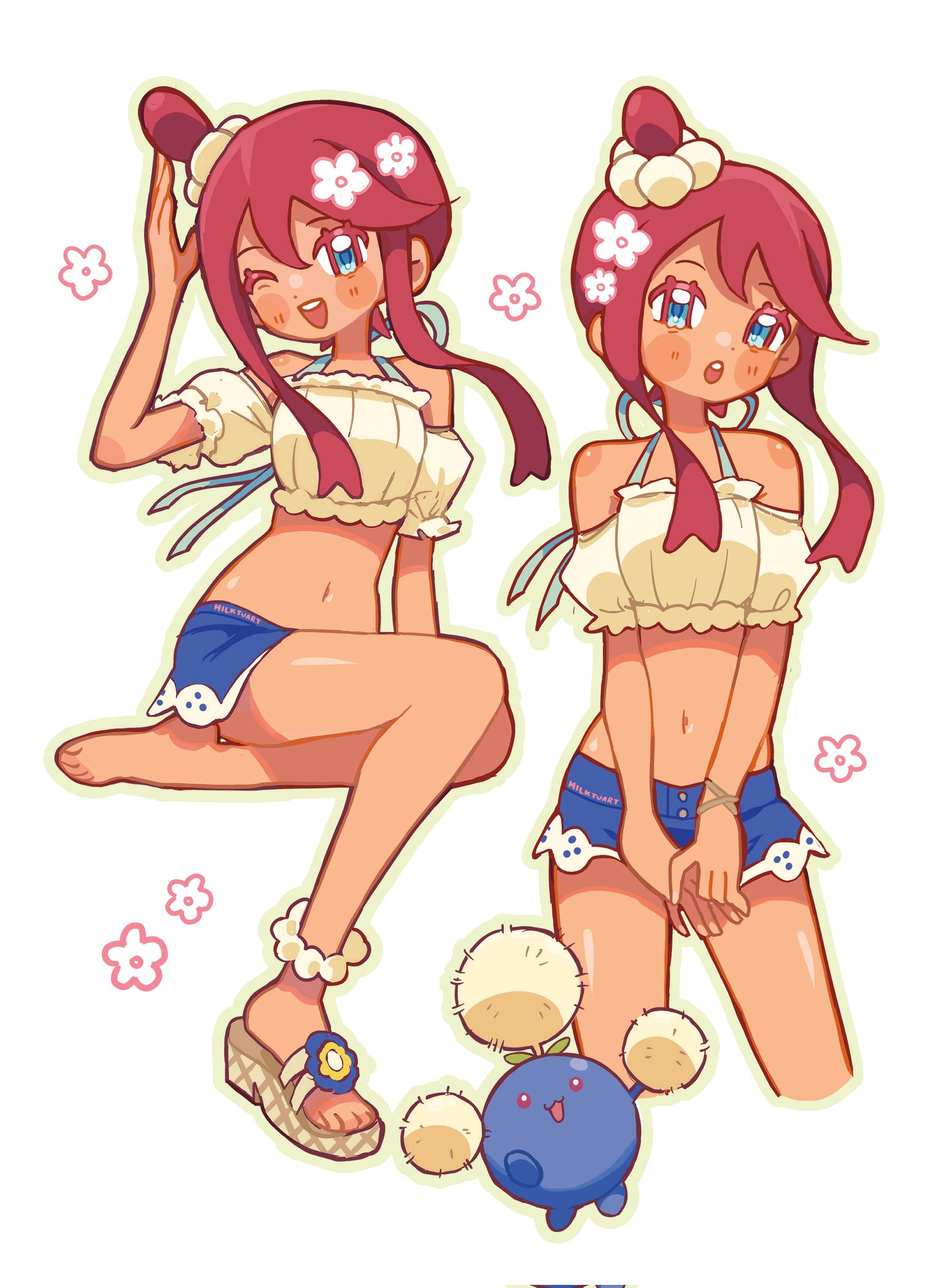 milktuart, jumpluff, skyla (pokemon), skyla (summer 2025) (pokemon), nintendo, pokemon, pokemon masters ex, highres, 1girl, bare shoulders, bikini, bikini under clothes, bikini under shorts, blue eyes, blue shorts, blush, breasts, crop top, denim, denim shorts, flower, gen 2 pokemon, hair ornament, looking at viewer, midriff, navel, off-shoulder shirt, off shoulder, official alternate costume, one eye closed, one side up, open mouth, pokemon (creature), red eyes, red hair, sandals, shirt, shorts, sidelocks, simple background, smile, swimsuit, teeth, upper teeth only