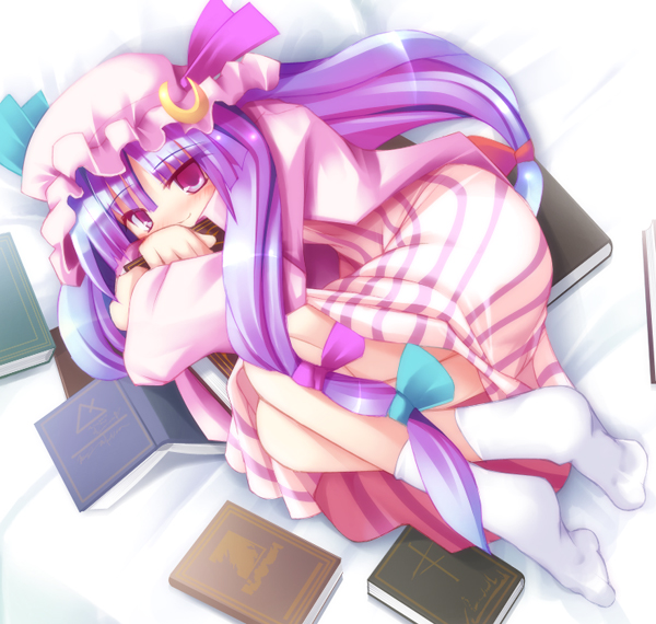 ai takurou, patchouli knowledge, touhou, 1girl, blunt bangs, book, crescent, crescent hair ornament, dress, female focus, hair ornament, hair ribbon, hat, looking at viewer, lying, mob cap, on side, purple eyes, purple hair, ribbon, sidelocks, socks, solo, striped clothes, striped dress, tress ribbon, vertical stripes, white socks