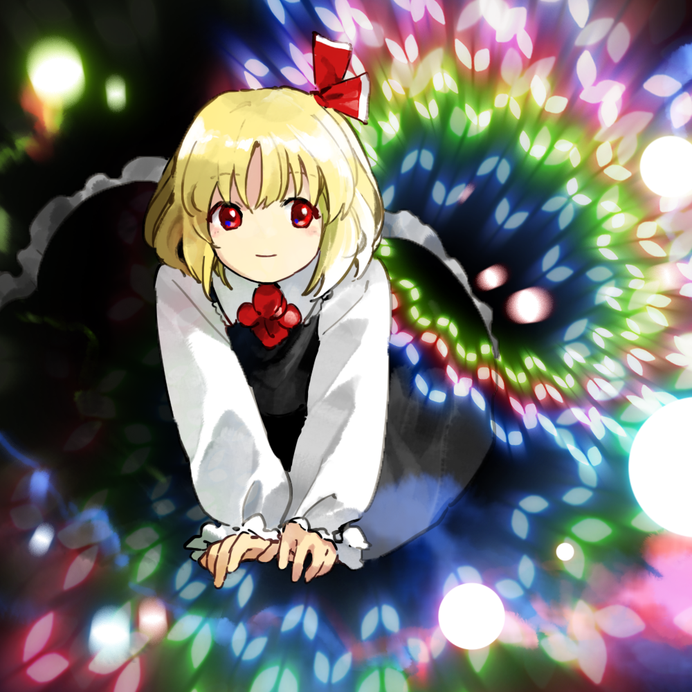kaigen 1025, rumia, embodiment of scarlet devil, touhou, 1girl, ascot, black dress, blonde hair, closed mouth, collared shirt, danmaku, dress, hair ribbon, long sleeves, looking to the side, necktie, puffy long sleeves, puffy sleeves, red eyes, red necktie, red ribbon, ribbon, shirt, short hair, solo, white shirt, zun (style)