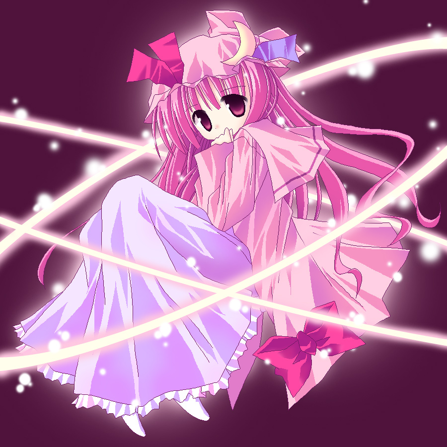 patchouli knowledge, touhou, 1girl, blush, bow, crescent, female focus, floating, frills, full body, hat, long hair, looking at viewer, magic, mob cap, pink bow, pink hair, purple background, purple eyes, red bow, simple background, solo, tareme, very long hair