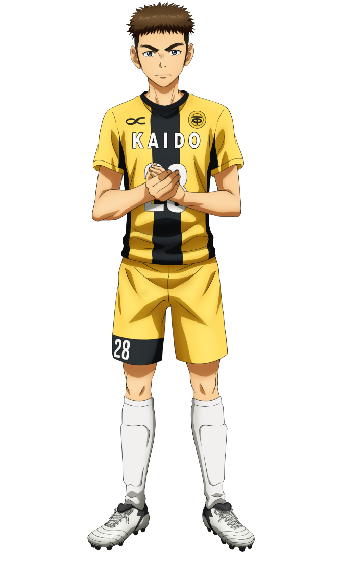 ao ashi, official art, 1boy, anime coloring, brown hair, closed mouth, full body, holding own hand, looking at viewer, male focus, nakatake manabu, numbered, shin guards, shirt, shoes, short hair, shorts, simple background, soccer uniform, solo, spiked shoes, spikes, sportswear, standing, striped clothes, striped shirt, tachibana souichirou (ao ashi), thick eyebrows, transparent background, two-tone shirt, undercut, v-shaped eyebrows, vertical-striped clothes, vertical-striped shirt, white shoes, yellow shirt, yellow shorts