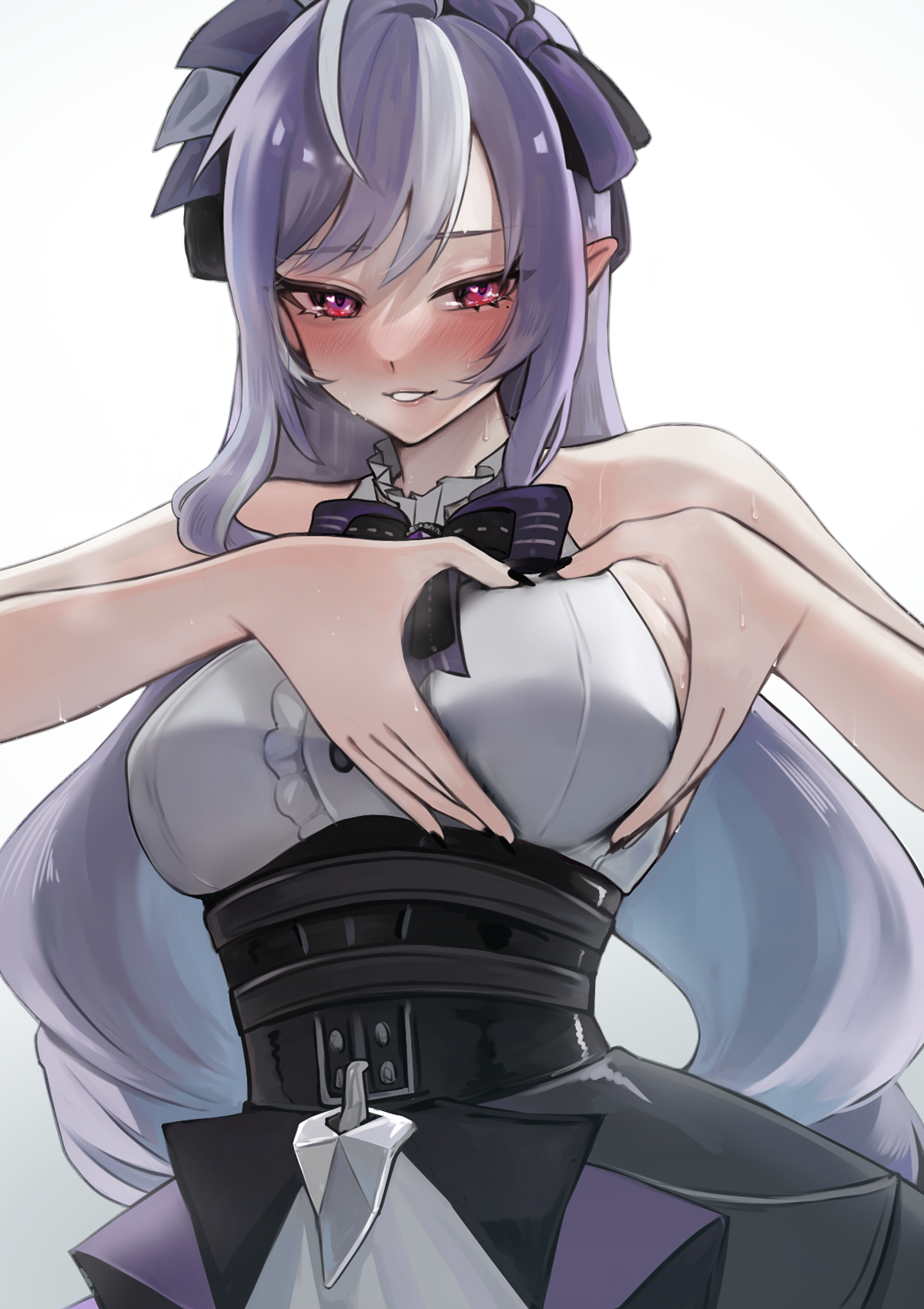 yasiro hayate, vivian banshee, zenless zone zero, highres, 1girl, ahoge, black corset, blush, breasts, center frills, corset, dress, frills, grey hair, heart, heart hands, large breasts, long hair, multicolored hair, pointy ears, purple hair, red eyes, sleeveless, sleeveless dress, solo, streaked hair, very long hair, white background, white dress