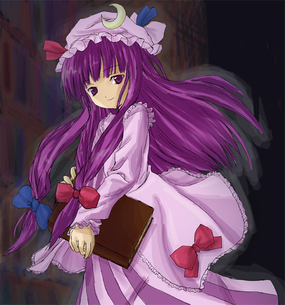 patchouli knowledge, touhou, 1girl, book, bow, crescent, dress, female focus, hair bow, hat, matching hair/eyes, mob cap, purple eyes, purple hair, solo, striped clothes, striped dress, vertical stripes