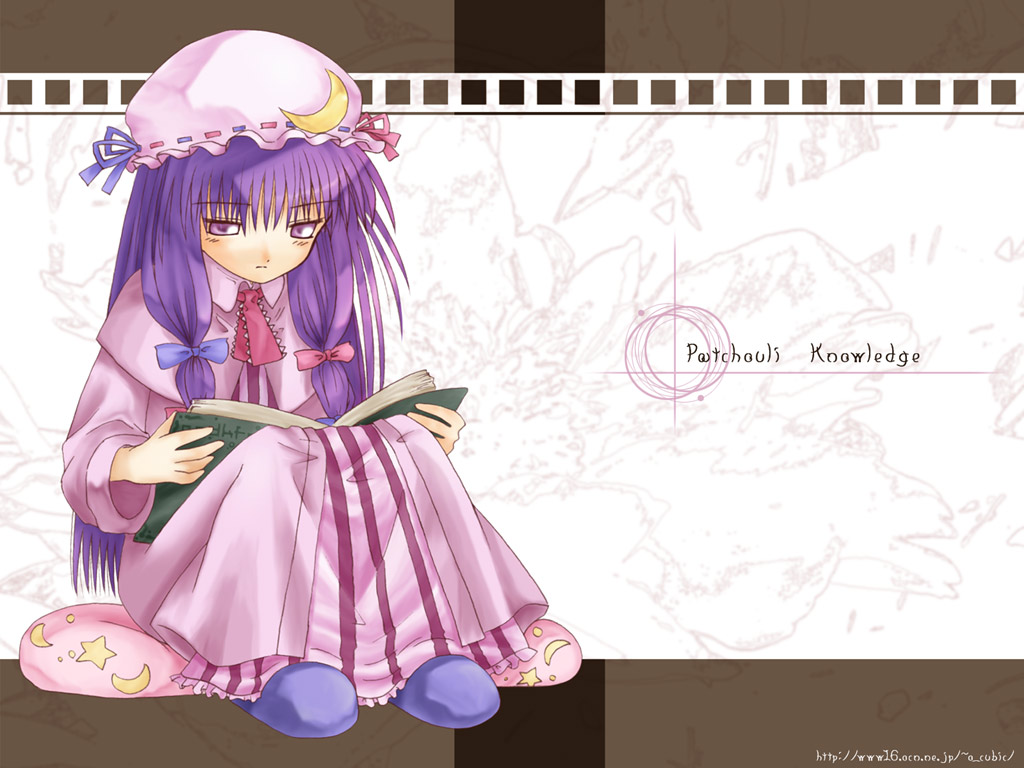 patchouli knowledge, touhou, 1girl, blue bow, book, bow, character name, crescent, dress, female focus, frills, full body, hair bow, hat, knees up, long hair, long sleeves, matching hair/eyes, mob cap, necktie, open book, pink bow, purple eyes, purple hair, reading, red necktie, simple background, sitting, slippers, solo, white background, ~o cubic