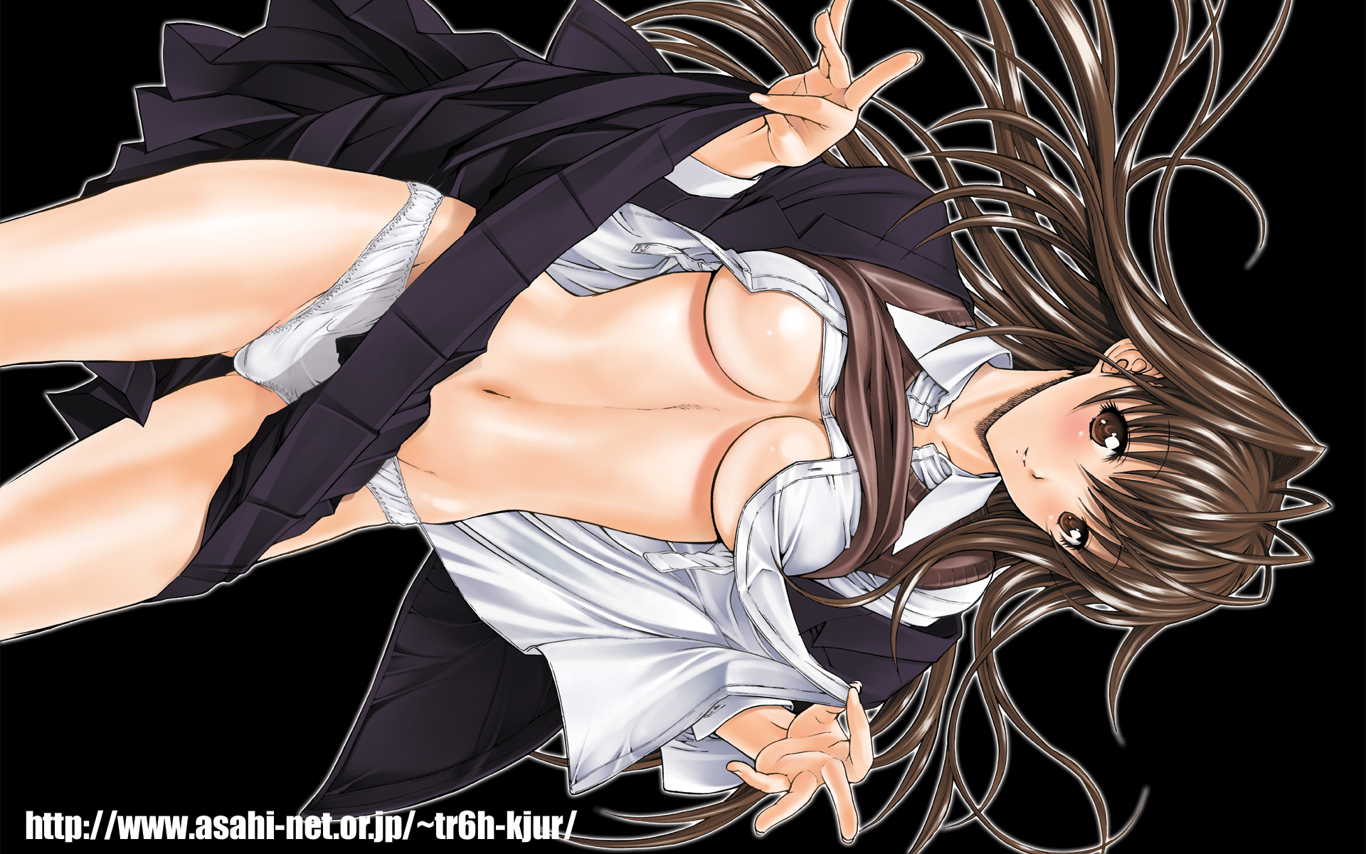 kino hitoshi, aya (kojin jugyou), kojin jugyou, original, highres, 00s, 1990s (style), 1girl, antenna hair, blush, bra, bra lift, breasts, brown eyes, brown hair, clothes lift, female focus, lingerie, long hair, midriff, open clothes, open shirt, panties, pleated skirt, retro artstyle, school uniform, serafuku, shirt, simple background, skirt, skirt lift, smile, solo, underboob, underwear, white panties