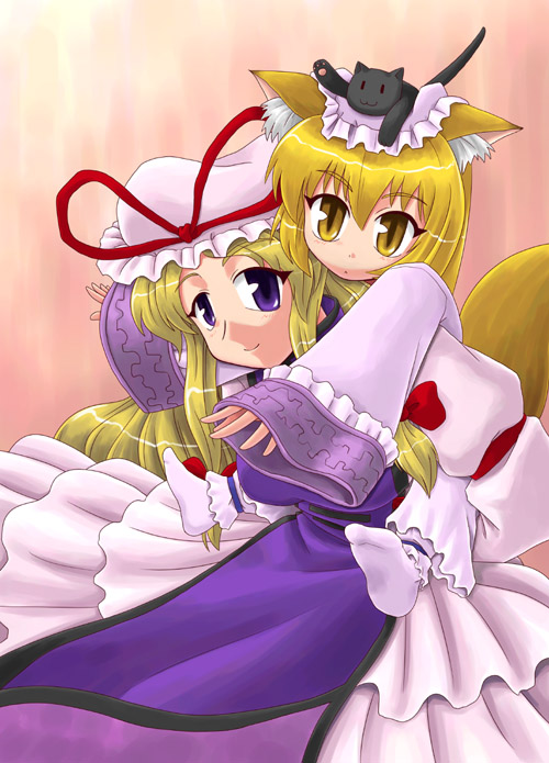 sasuke (sasuke no sato), chen, chen (cat), yakumo ran, yakumo yukari, touhou, 2girls, :3, aged down, animal, animal ears, animal on head, blonde hair, cat, cat on head, dress, female focus, fox ears, hair ribbon, hat, hug, hug from behind, long hair, long sleeves, looking at viewer, mob cap, multiple girls, no headwear, on head, purple eyes, ribbon, slit pupils, smile, socks, tabard, waving, wide sleeves