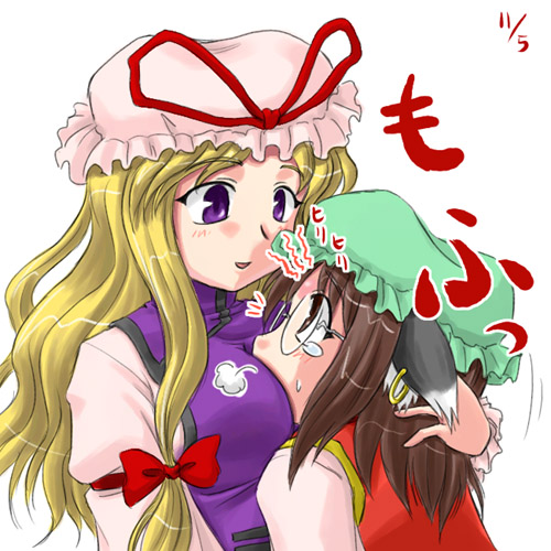sasuke (sasuke no sato), chen, yakumo yukari, touhou, lowres, 2girls, animal ears, bespectacled, between breasts, blonde hair, breasts, brown hair, cat ears, cat girl, earrings, female focus, glasses, hat, head between breasts, hug, jewelry, multiple girls, purple eyes, simple background, you gonna get raped