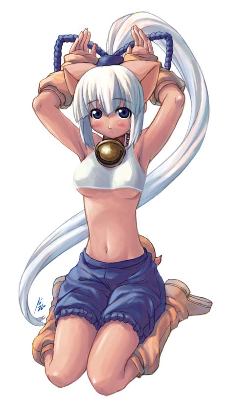 mizuki gyokuran, majikina mina, samurai spirits, snk, 1girl, animal ears, armpits, bell, blue eyes, boots, breasts, collar, dark-skinned female, dark skin, female focus, long hair, medium breasts, midriff, neck bell, ponytail, solo, underboob, white hair