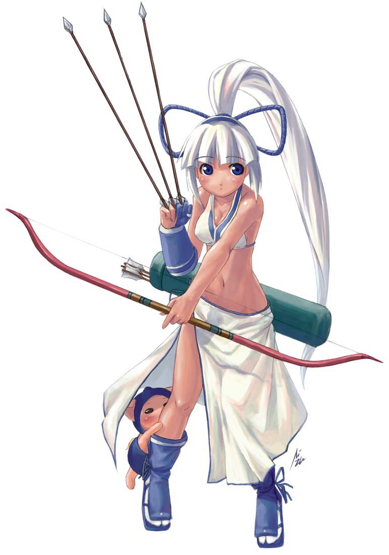 mizuki gyokuran, champuru, majikina mina, samurai spirits, snk, 1girl, blue eyes, bow (weapon), dark-skinned female, dark skin, female focus, long hair, ponytail, solo, tabi, weapon, white hair