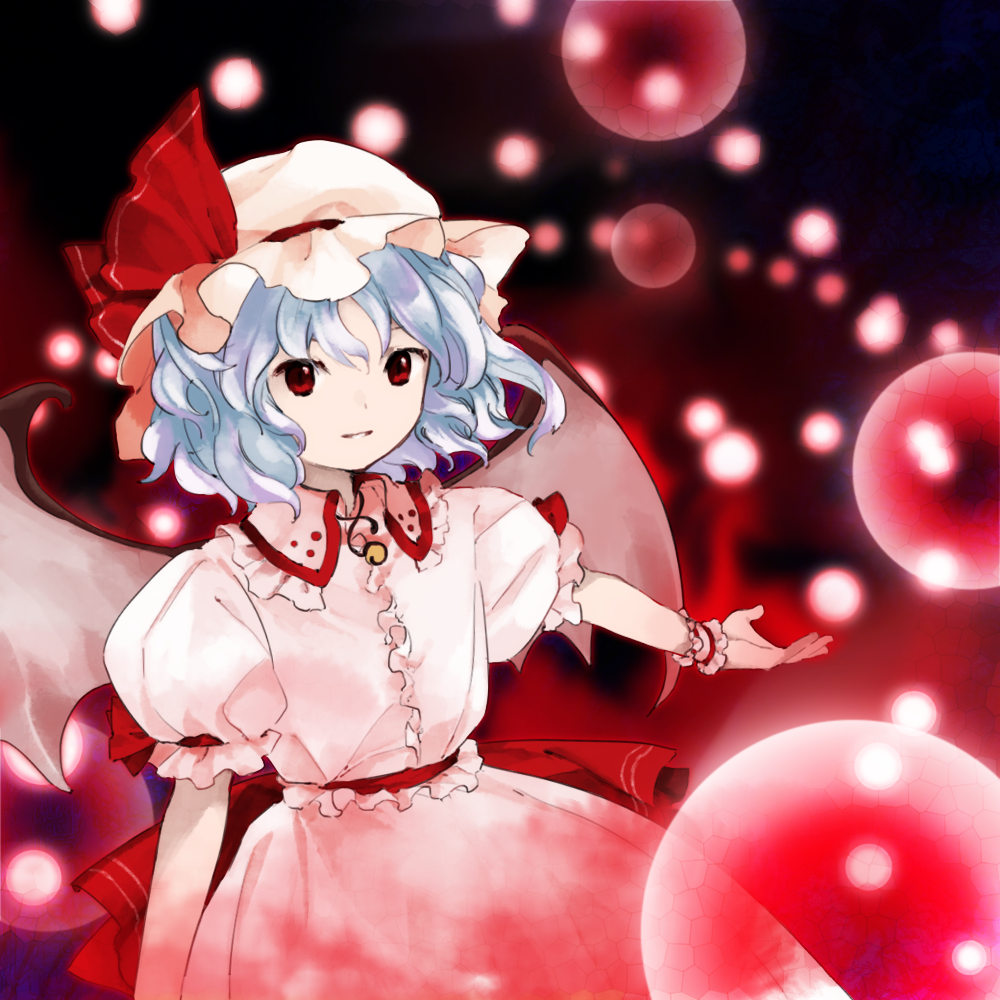 kaigen 1025, remilia scarlet, embodiment of scarlet devil, touhou, 1girl, bat wings, blue hair, danmaku, dress, hat, hat ribbon, mob cap, pink dress, puffy short sleeves, puffy sleeves, red eyes, red ribbon, ribbon, short hair, short sleeves, solo, vampire, wings, wrist cuffs, zun (style)