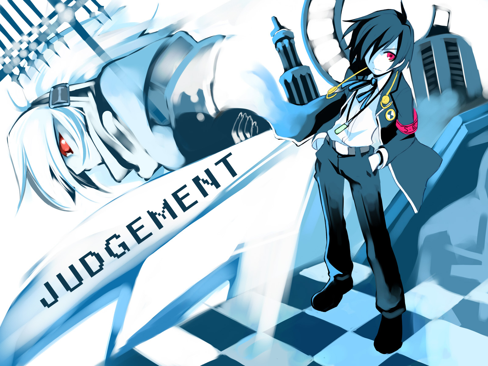 ushiki yoshitaka, messiah, messiah (megami tensei), orpheus (persona), yuuki makoto (persona 3), atlus, persona, persona 3, highres, 1boy, 1girl, armband, blue hair, digital media player, digital walkman, hair over one eye, headphones, red eyes, school uniform, serafuku, short hair, walkman nw-s203f