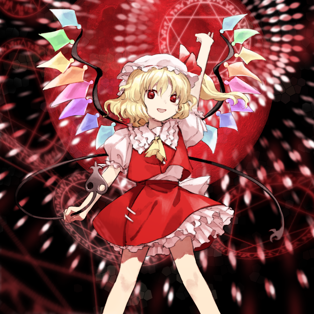 kaigen 1025, flandre scarlet, embodiment of scarlet devil, touhou, 1girl, arm up, ascot, back bow, black background, blonde hair, bow, buttons, collared shirt, crystal, danmaku, frills, full moon, hair between eyes, hand up, hat, hat ribbon, jewelry, laevatein (touhou), looking at viewer, mob cap, moon, multicolored wings, one side up, open mouth, pentagram, polearm, puffy short sleeves, puffy sleeves, red eyes, red moon, red ribbon, red skirt, red vest, ribbon, shirt, short hair, short sleeves, skirt, smile, solo, spear, standing, vest, weapon, white bow, white hat, white shirt, wings, yellow ascot, zun (style)