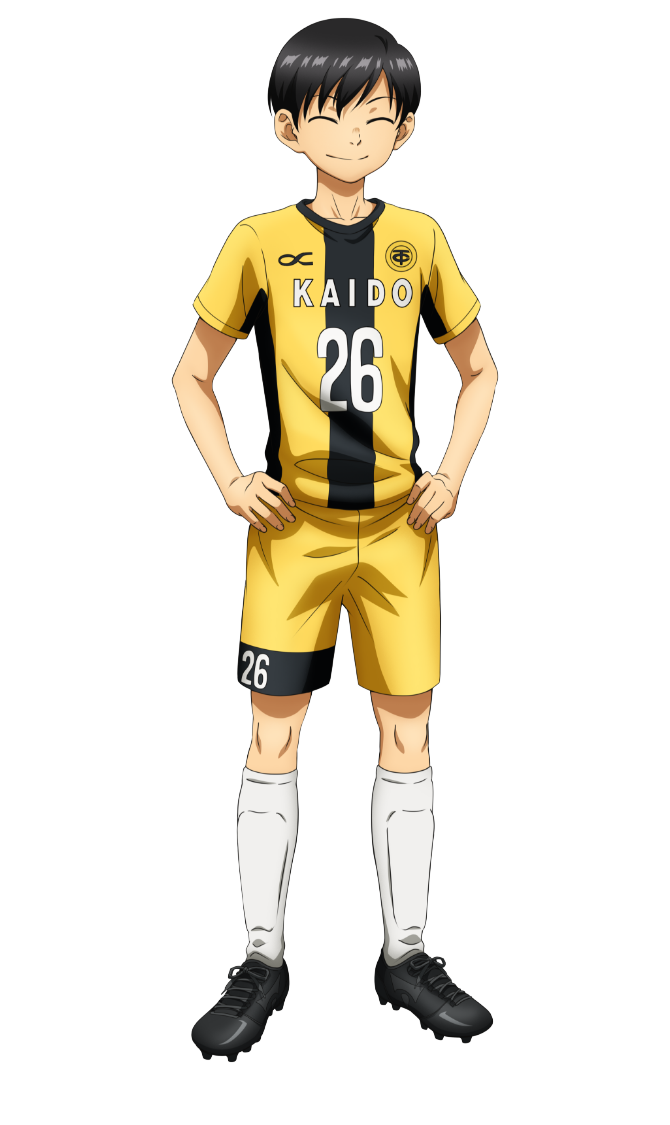 ao ashi, official art, 1boy, ^ ^, anime coloring, black hair, black shoes, closed eyes, closed mouth, collarbone, full body, hand on own hip, kuroda kanpei, looking at viewer, nakatake manabu, numbered, shin guards, shirt, shoes, short hair, shorts, simple background, smile, soccer uniform, solo, spiked shoes, spikes, sportswear, standing, striped clothes, striped shirt, transparent background, two-tone shirt, vertical-striped clothes, vertical-striped shirt, yellow shirt, yellow shorts