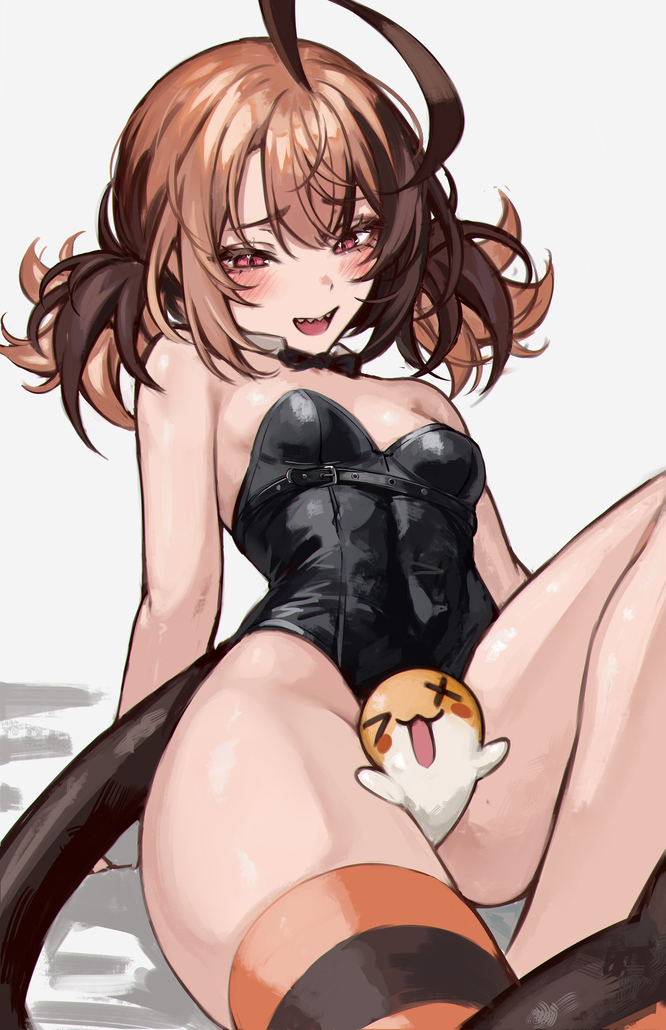 naokomama, gigi murin, grem (gigi murin), hololive, hololive english, absurdres, commentary, highres, 1girl, ahoge, alternate costume, arm support, bare shoulders, between thighs, black bow, black bowtie, black leotard, black tail, blush, bow, bowtie, breasts, brown hair, chest belt, detached collar, huge ahoge, knee up, leotard, looking at object, multicolored hair, open mouth, pink eyes, sharp teeth, short hair, short twintails, sitting, small breasts, solo, striped clothes, striped thighhighs, teeth, thighhighs, thighs, twintails, two-tone hair, virtual youtuber, wrist cuffs