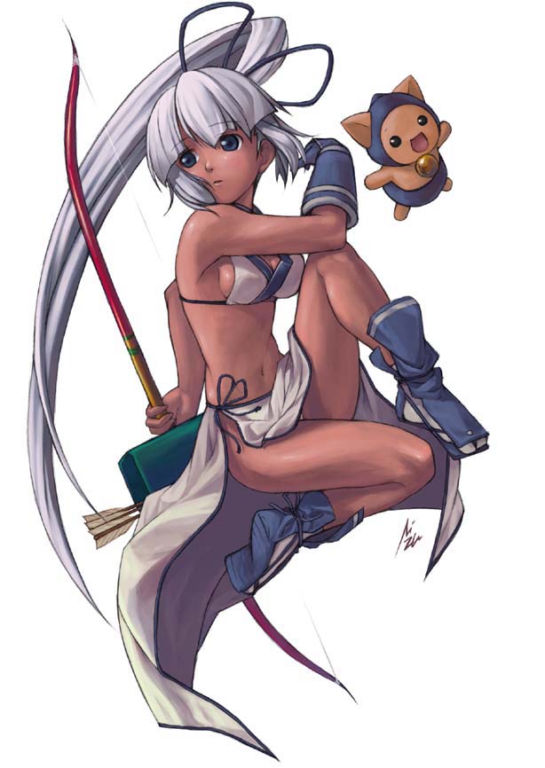 mizuki gyokuran, champloo, champuru, majikina mina, samurai spirits, snk, 1girl, blue eyes, bow (weapon), breasts, dark-skinned female, dark skin, female focus, long hair, medium breasts, ponytail, sideboob, solo, tabi, weapon, white hair