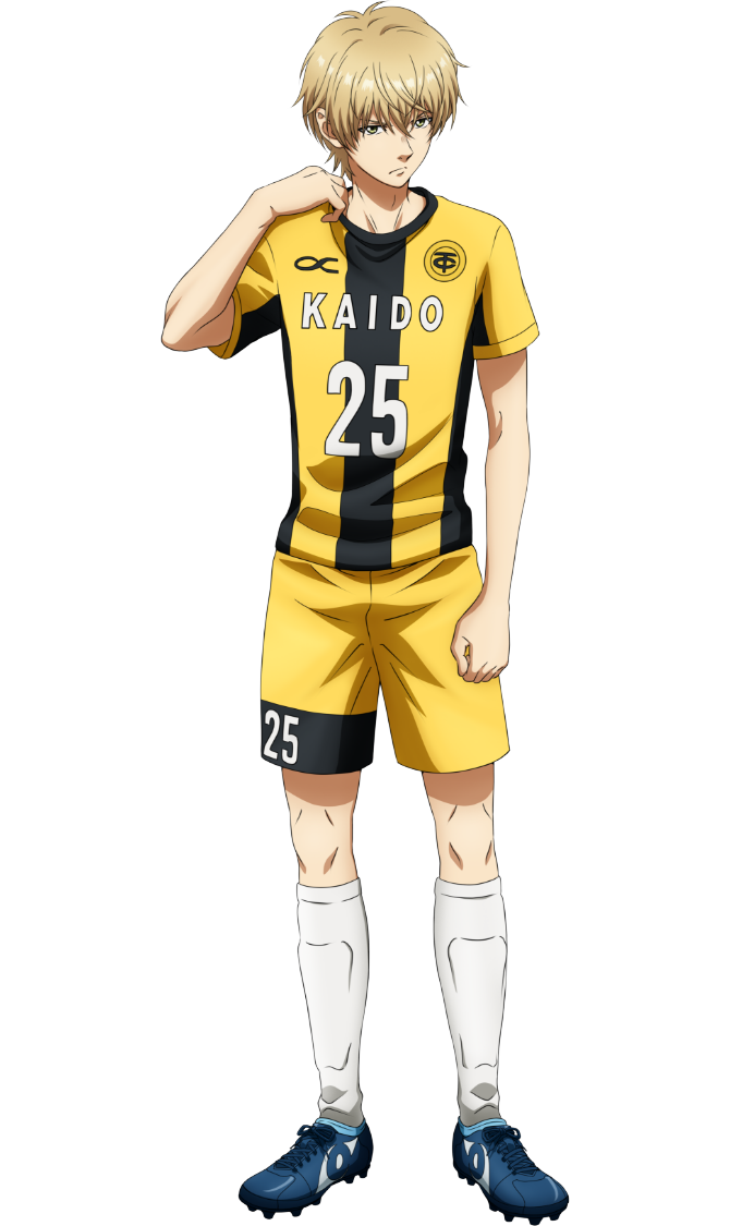 asari marchs jun, ao ashi, official art, 1boy, anime coloring, blonde hair, blue shoes, brown eyes, clenched hands, closed mouth, crossed bangs, full body, hair between eyes, hand up, looking at viewer, nakatake manabu, numbered, shin guards, shirt, shoes, short hair, shorts, simple background, soccer uniform, solo, spiked shoes, spikes, sportswear, standing, striped clothes, striped shirt, transparent background, two-tone shirt, vertical-striped clothes, vertical-striped shirt, yellow shirt, yellow shorts