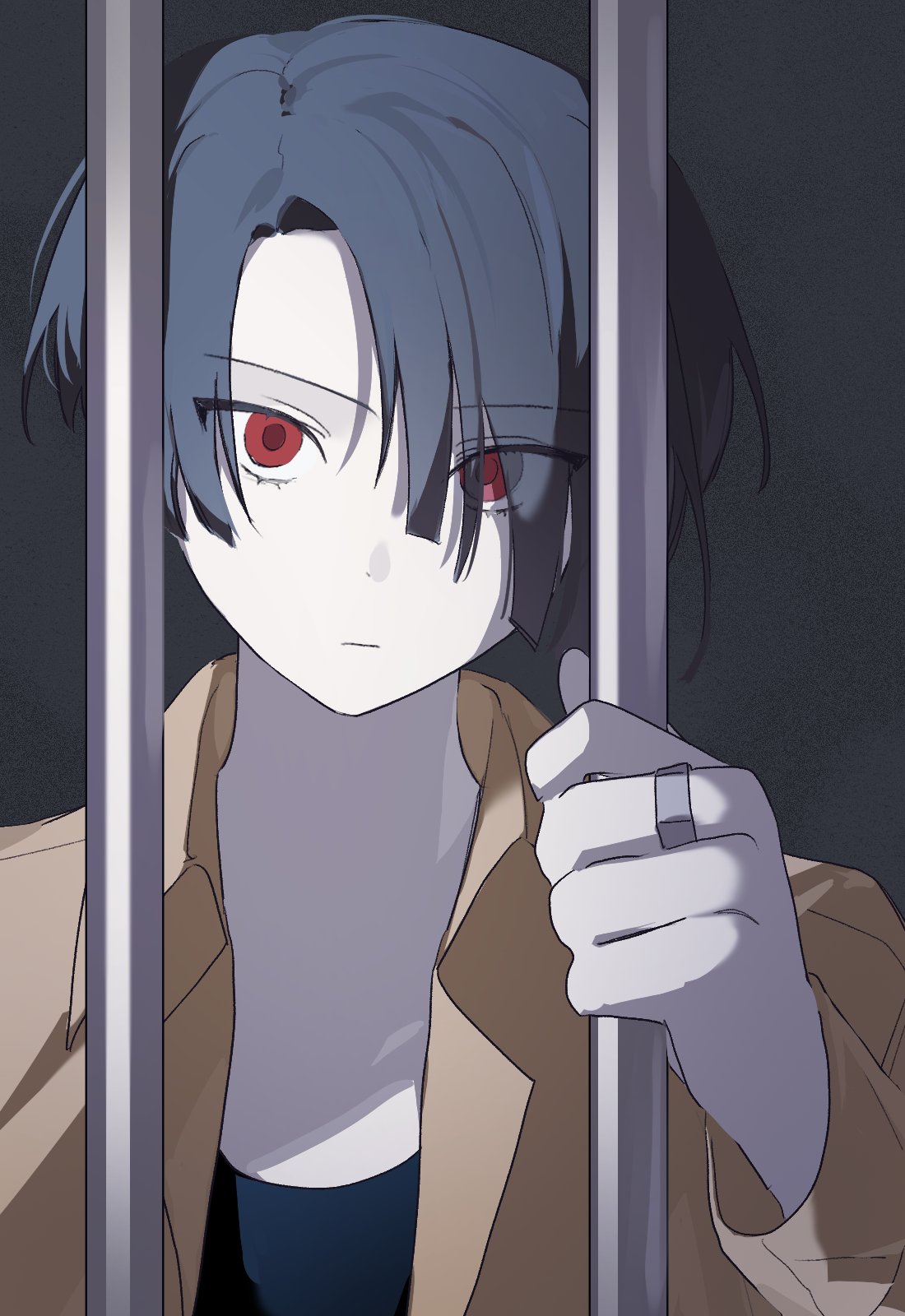 yuzuriha kotoko, milgram, highres, 1girl, asymmetrical bangs, asymmetrical hair, bars, black background, black hair, closed mouth, hair between eyes, hair over one eye, hairline, holding, jacket, jewelry, li0mil, long sleeves, looking at viewer, open clothes, open jacket, orange jacket, pale skin, prison, prison bars, prison clothes, red eyes, ring, ringed eyes, shirt, short hair, side part, solo, very short hair