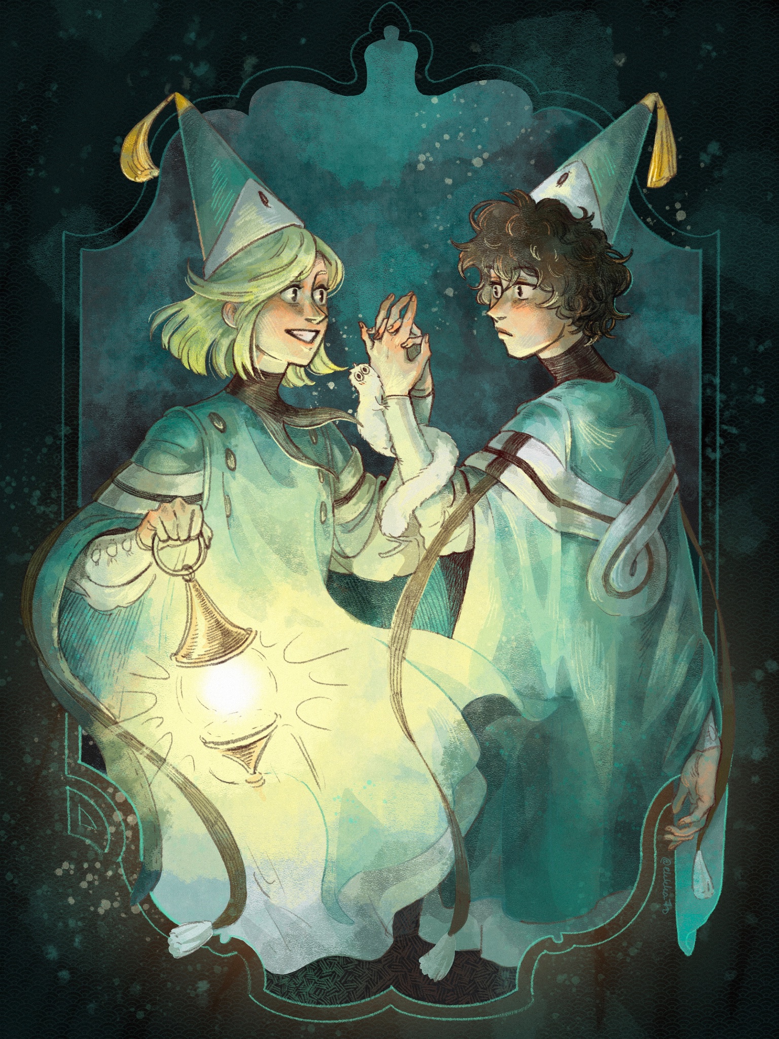 agott (tongari boushi no atelier), brushbuddy, coco (tongari boushi no atelier), tongari boushi no atelier, highres, 2girls, black hair, blush, ekkka70, fingernails, green hair, hat, hat tassel, holding, holding lantern, interlocked fingers, lantern, multiple girls, reverse trap, short hair, smile, teeth